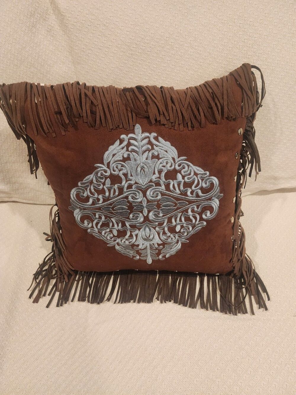 Suede Fringed Brown Square Stud Decor Pillow  Medallion Baroque Western 16x16